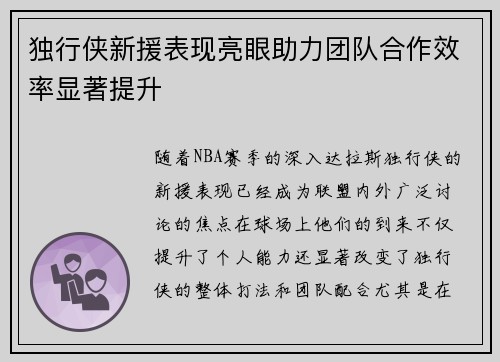 独行侠新援表现亮眼助力团队合作效率显著提升