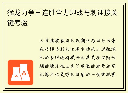 猛龙力争三连胜全力迎战马刺迎接关键考验